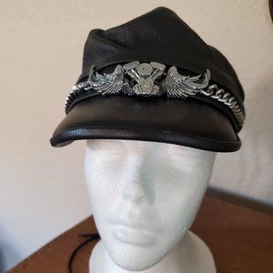 Leather Biker Cap with Chain and Wings  One Size